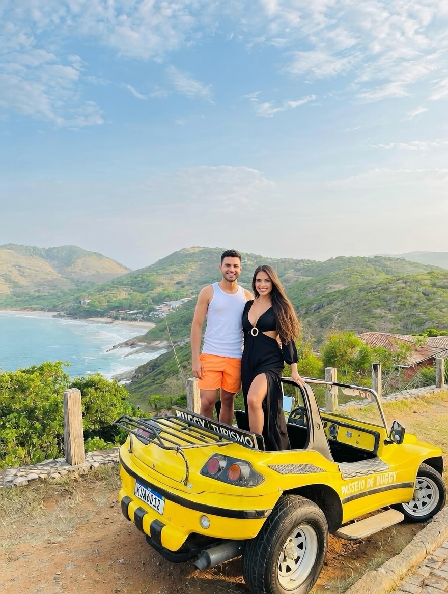 Casal assistindo ao pôr do sol em um buggy privativo em um mirante em Búzios