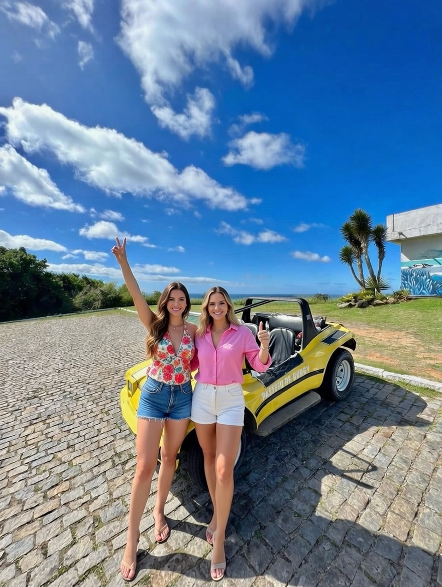 Vista do litoral de Búzios a partir de um buggy amarelo estacionado em um mirante alto