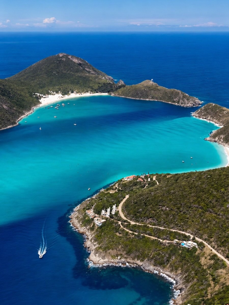 Passeio de barco na Ilha do Farol em Arraial do Cabo com água turquesa vista aérea