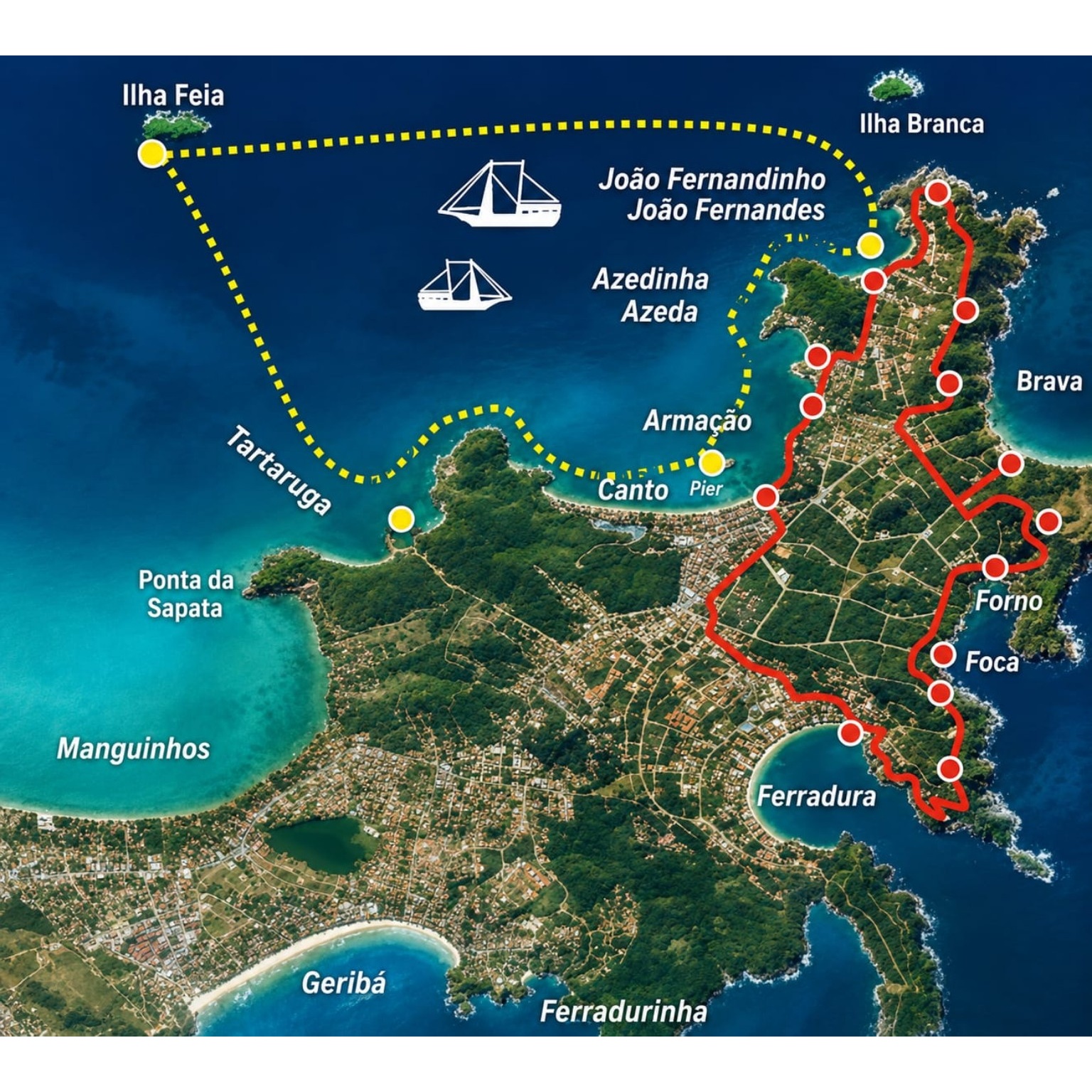 Mapa de Búzios mostrando distancias entre playas y opciones de transporte
