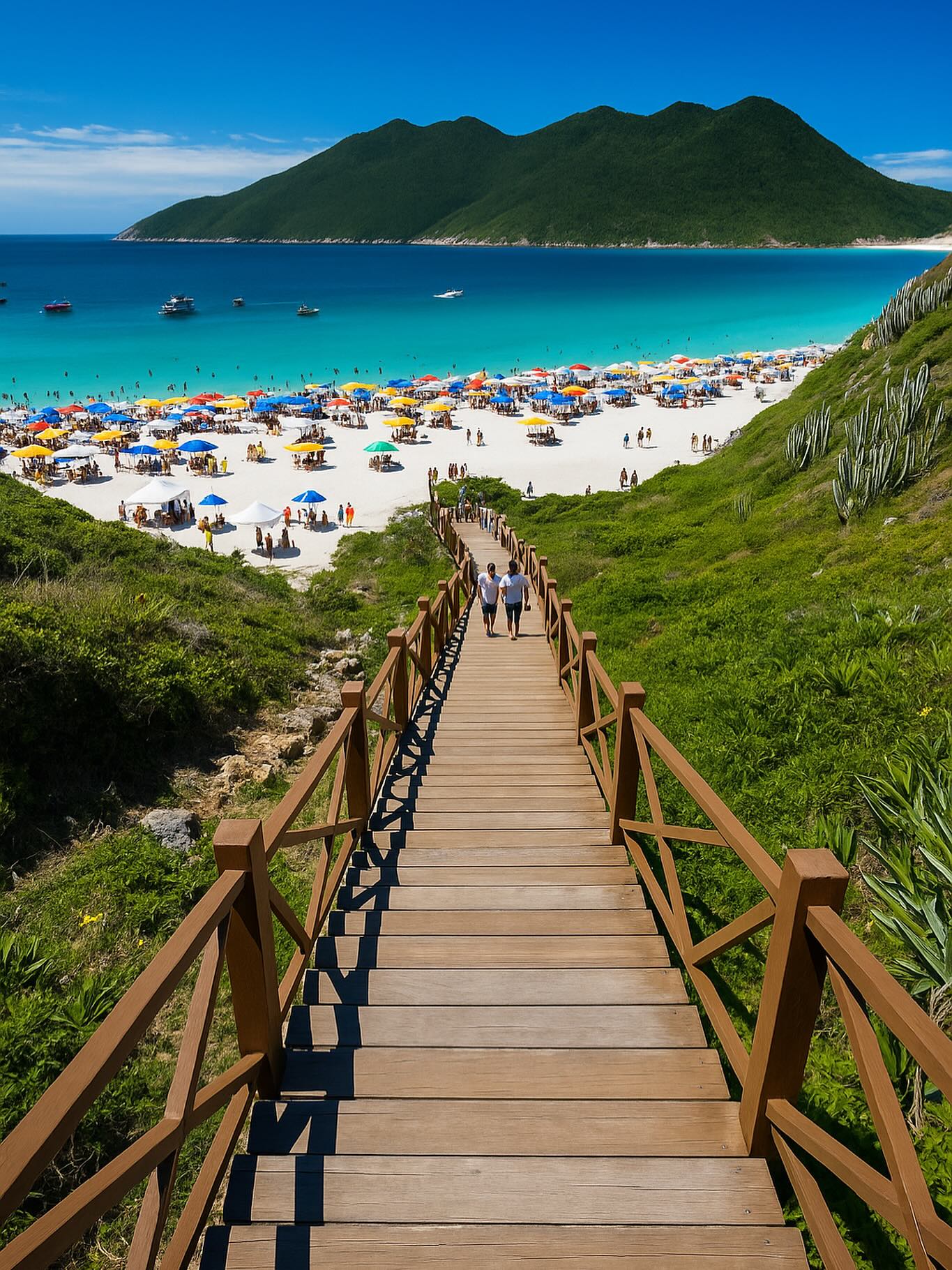 Turistas abordando una cómoda van de turismo con aire acondicionado en Búzios rumbo a las playas de Arraial do Cabo