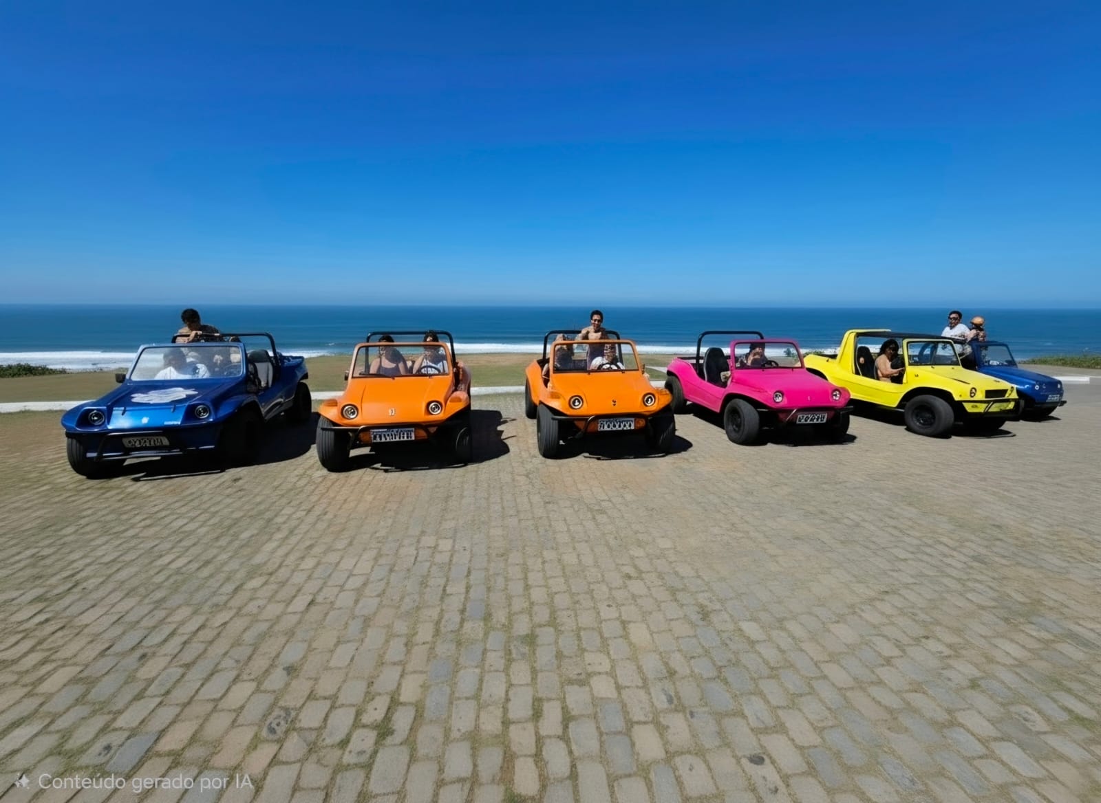 Caravana de buggies recorriendo la orla costera de Búzios con pasajeros disfrutando del viaje en grupo.