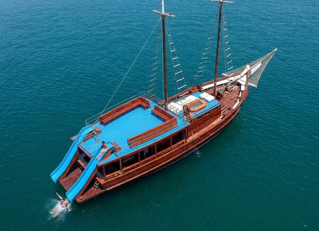 Barco de passeio com dois decks e tobogã navegando por águas claras em Búzios durante o passeio de 3 horas por praias e ilhas.